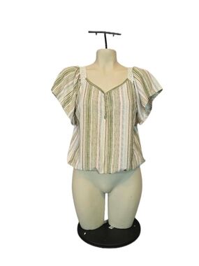 Cure Striped Green & Cream Flutter Sleeve Top Size Small